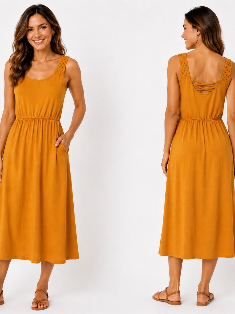 Mustard Sleeveless Midi Dress with Lace Strap Detail - 0604